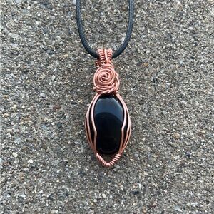 Handcrafted Black Obsidian Wire-Wrapped Pendant Necklace - Copper Wire